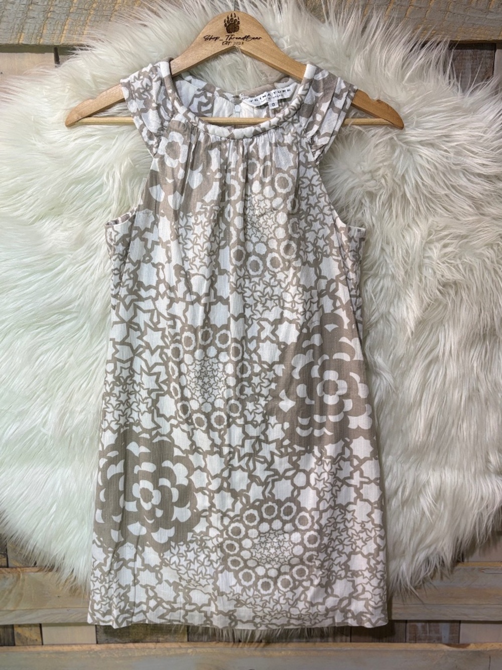 EUC [Trina Turk] White Taupe Sleeveless Halter Metallic Shift Mini Dress | 0 XS